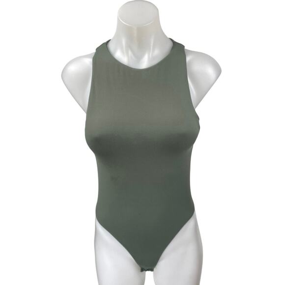 Zara Women's Green Sleeveless Racerback High Neck One Piece Bodysuit Tank Top M - Picture 1 of 4
